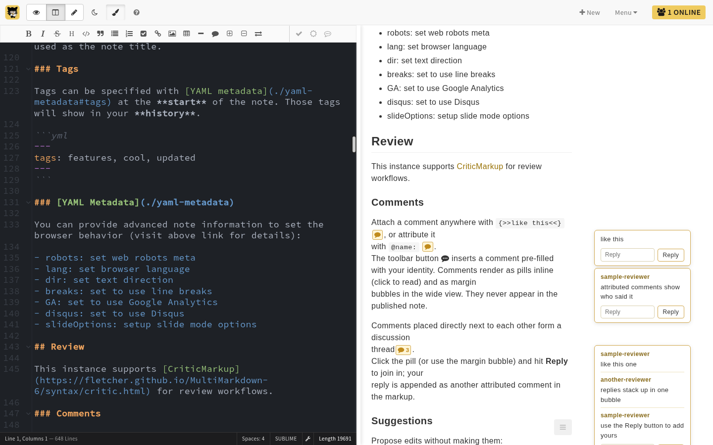 editor with criticmarkup suggestions and margin comments